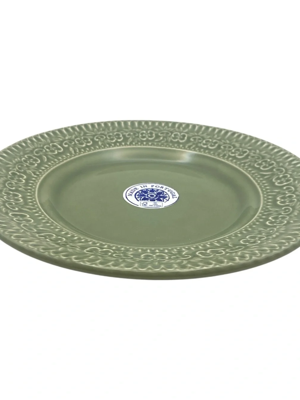 Set of Four Green Ceramic Plates Made in Portugal Boho Floral Leaf Border NWT